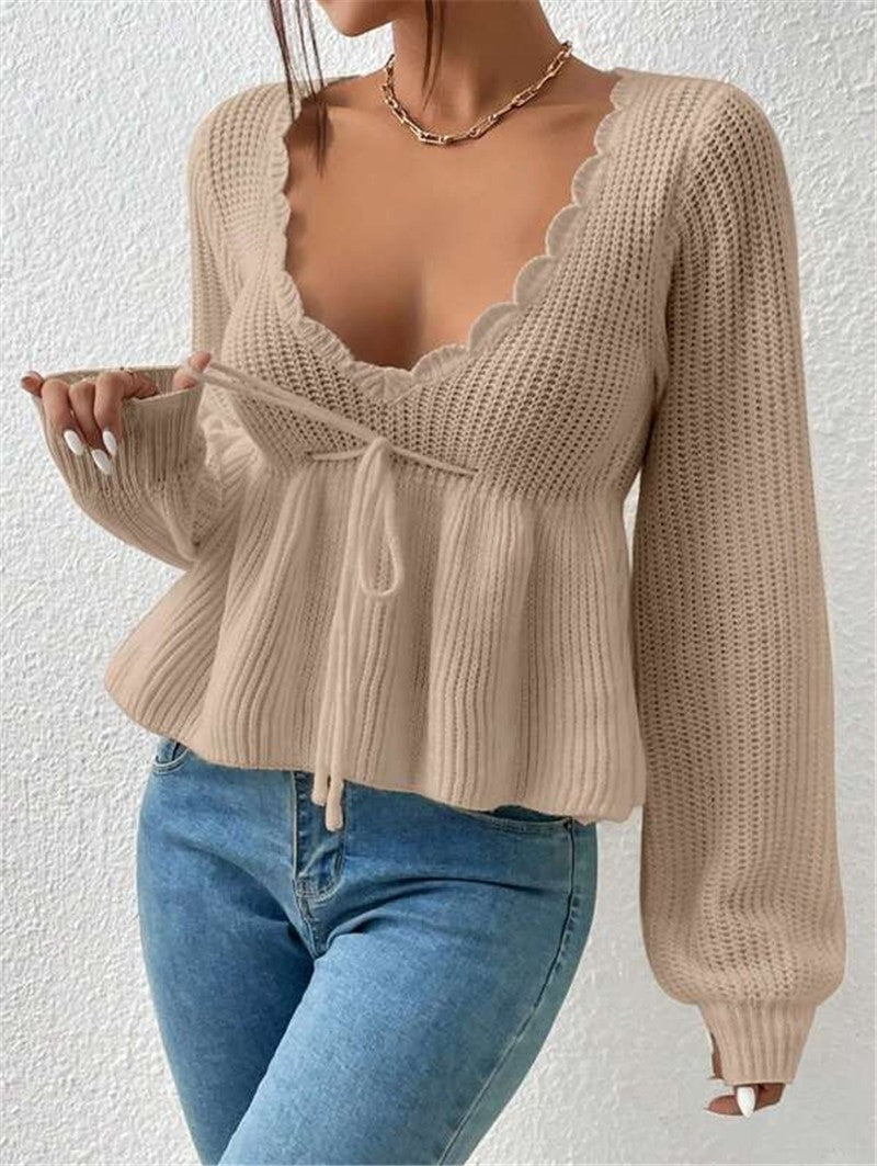 Pull Femme En Maille Côtelée À Coupe Décontractée Avec Taille À Cordon Et Ourlet À Volants