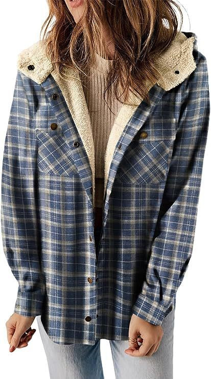 Veste En Laine Pour Femmes Coupe Décontractée Motif À Carreaux Capuche Doublée De Peluche Boutonnage Devant