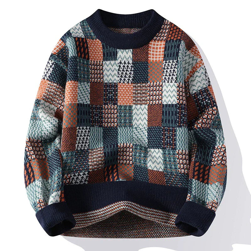 Pull En Maille De Laine Homme Avec Patchwork Carreaux Col Rond Coupe Décontractée Confortable