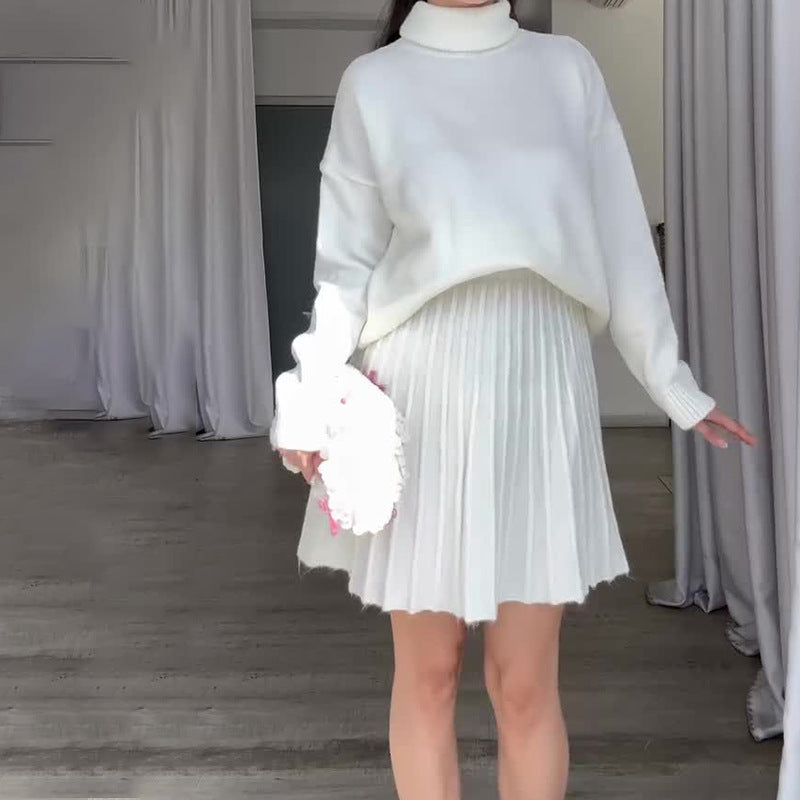 Damen Elegantes Strickensemble mit Rollkragen und fließendem Rock Amawinc