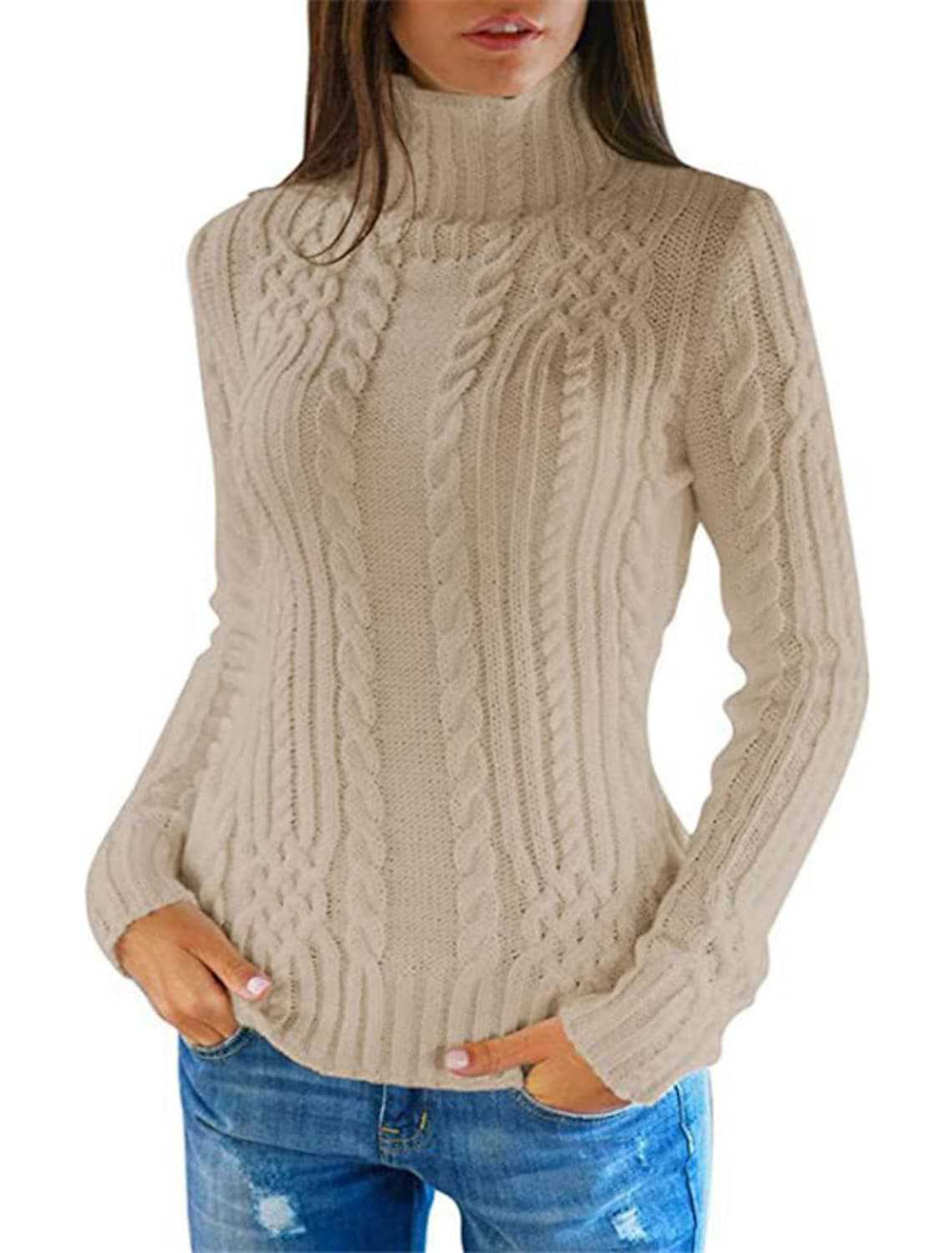 Damen Rolkragenpullover mit Zopfmuster und bequemer Passform Amawinc
