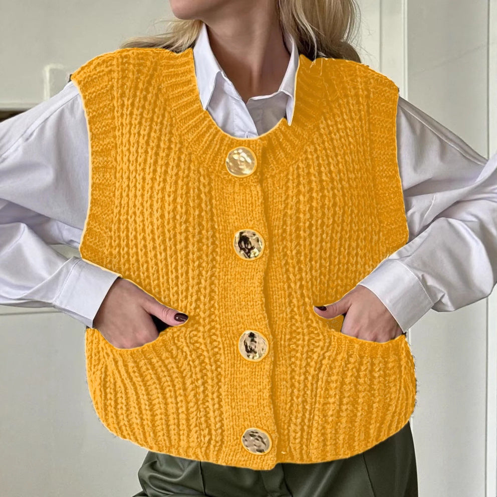 Gilet Tricot Femme Mélange Laine Coupe Oversized Texture Côtlée Bouton Devant Poches