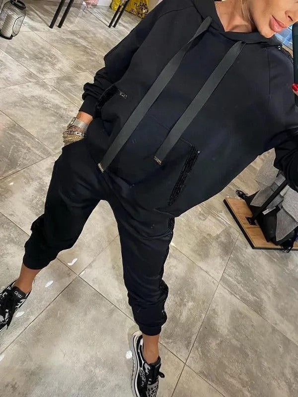 Damen Lässiges Sweat-Outfit mit dekorativem Kordeldetail Amawinc