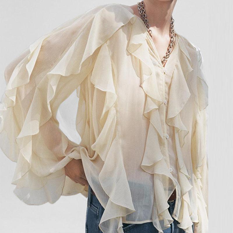 Blouse Femme Ample Effet Chiffon Avec Volant Devant Col V Boutonnée Nordic Flair