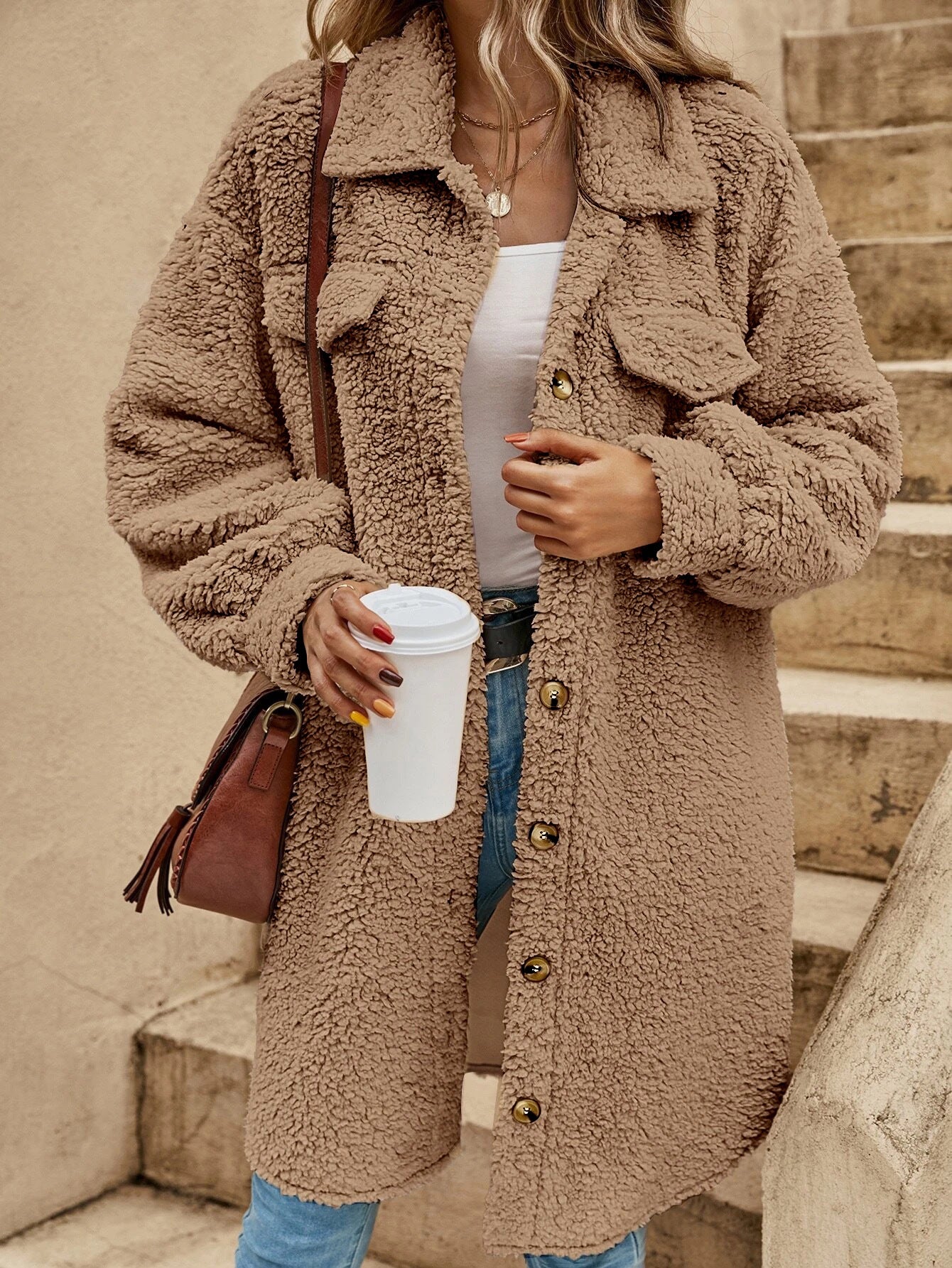 Manteau Long Femme en Polaire Peluche Oversize Bouton Sur Devant Avec Col Revers