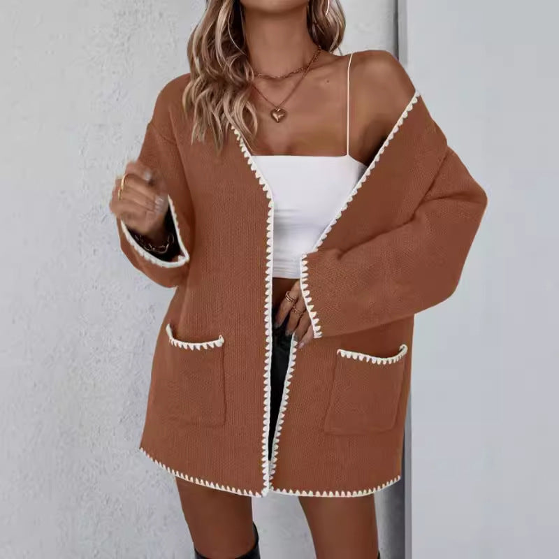 Cardigan Femme En Maille Oversize Ouvert Devant Avec Bords Côtelés Et Poches Frontales
