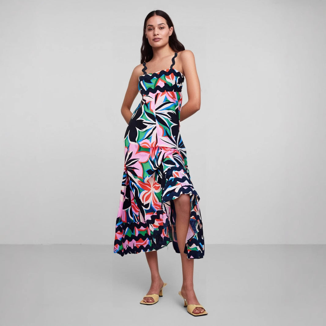 Robe Maxi Femme Léger Imprimé Floral Élégant Bretelles Ondulées Bord Délicat Pour Été Et Célébrations Amawinc