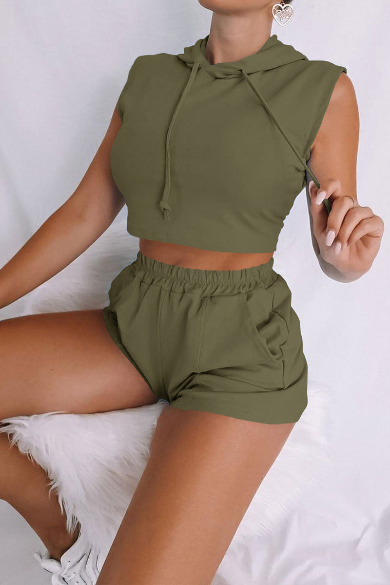 Damen Sportliches Zweiteiliges Set mit Kapuzenoberteil und Shorts Amawinc