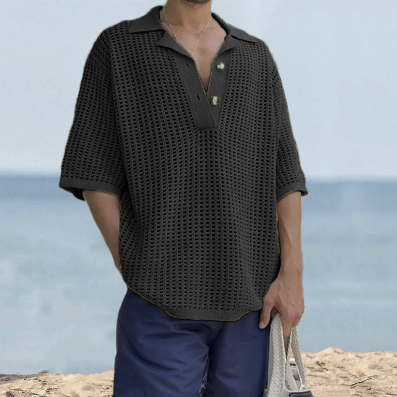 Pull Oversize Homme En Maille Coton Col Notch Respirant Idéal Pour Plage Ou Sorties Décontractées Manches Courtes