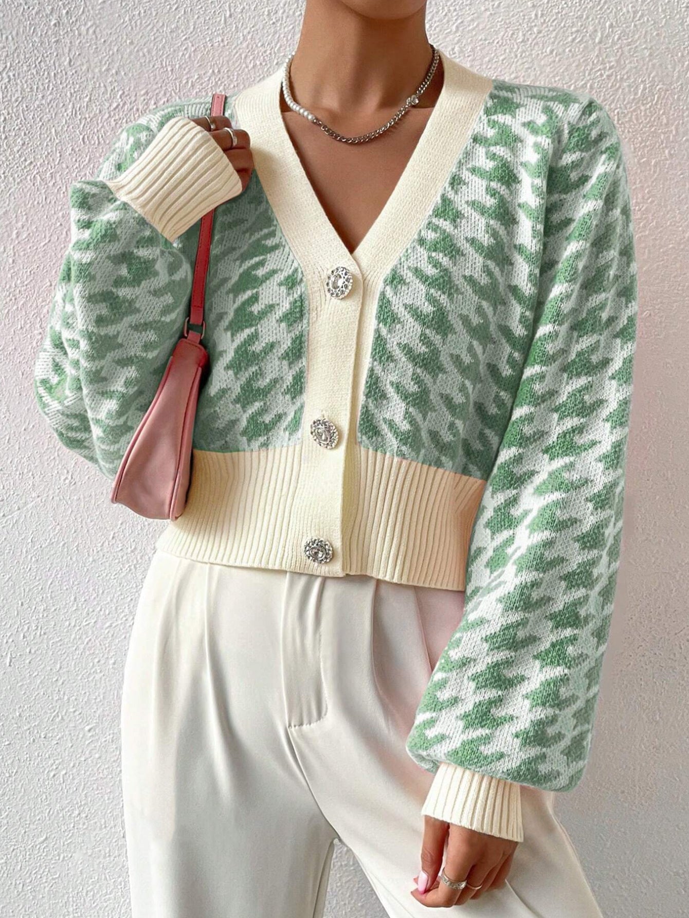 Cardigan Femme Tricot Motif Pied-de-Poule Manches Bouffantes Coupe Courte Col V Nordic Flair