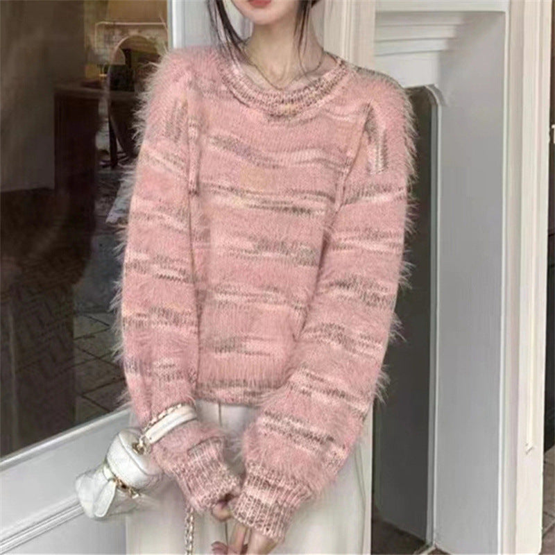 Damen Kuscheliger Strickpullover mit trendigem Farbverlauf und voluminösen Ärmeln Amawinc