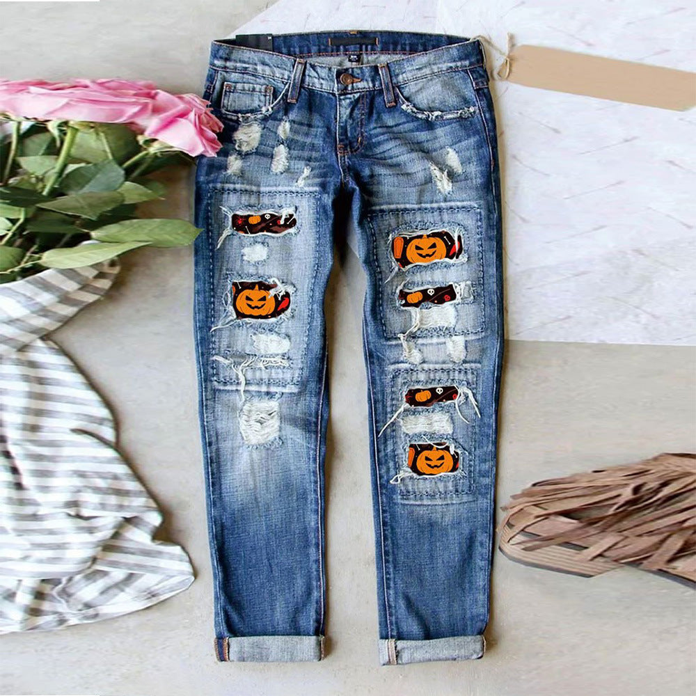 Damen Ripped Jeans mit Halloween-Motiv Amawinc