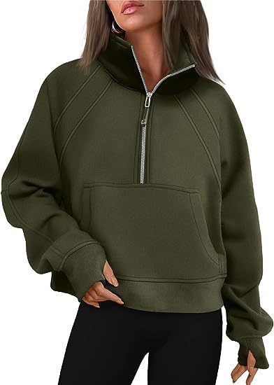 Damen kuscheliger Half-Zip Pullover mit Kapuze und Kängurutasche Amawinc