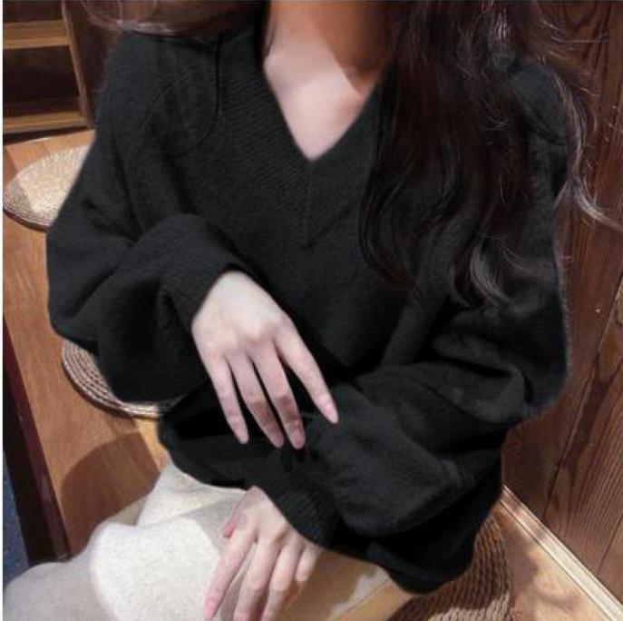 Damen Grobstrickpullover mit tiefem V-Ausschnitt und voluminösen Ärmeln Amawinc