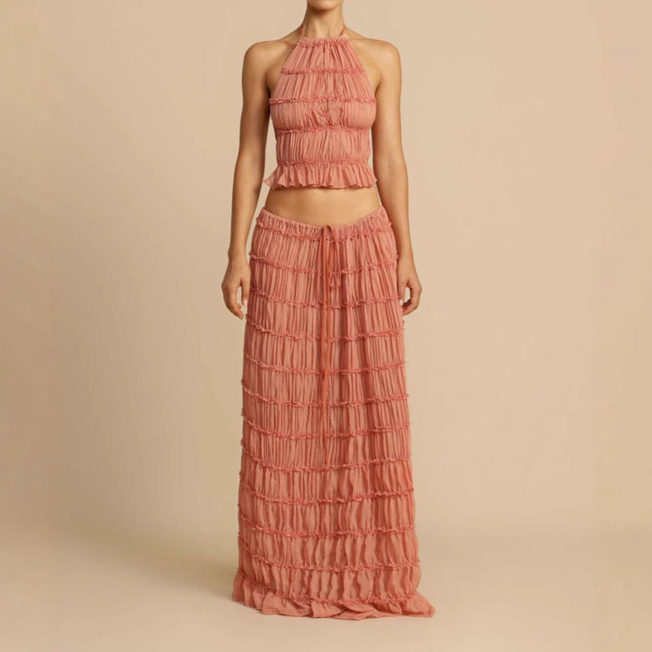 Ensemble Deux Pièces Pour Femme Avec Haut Halter Froncé Et Jupe Maxi À Taille Élastique Pour Été Chic