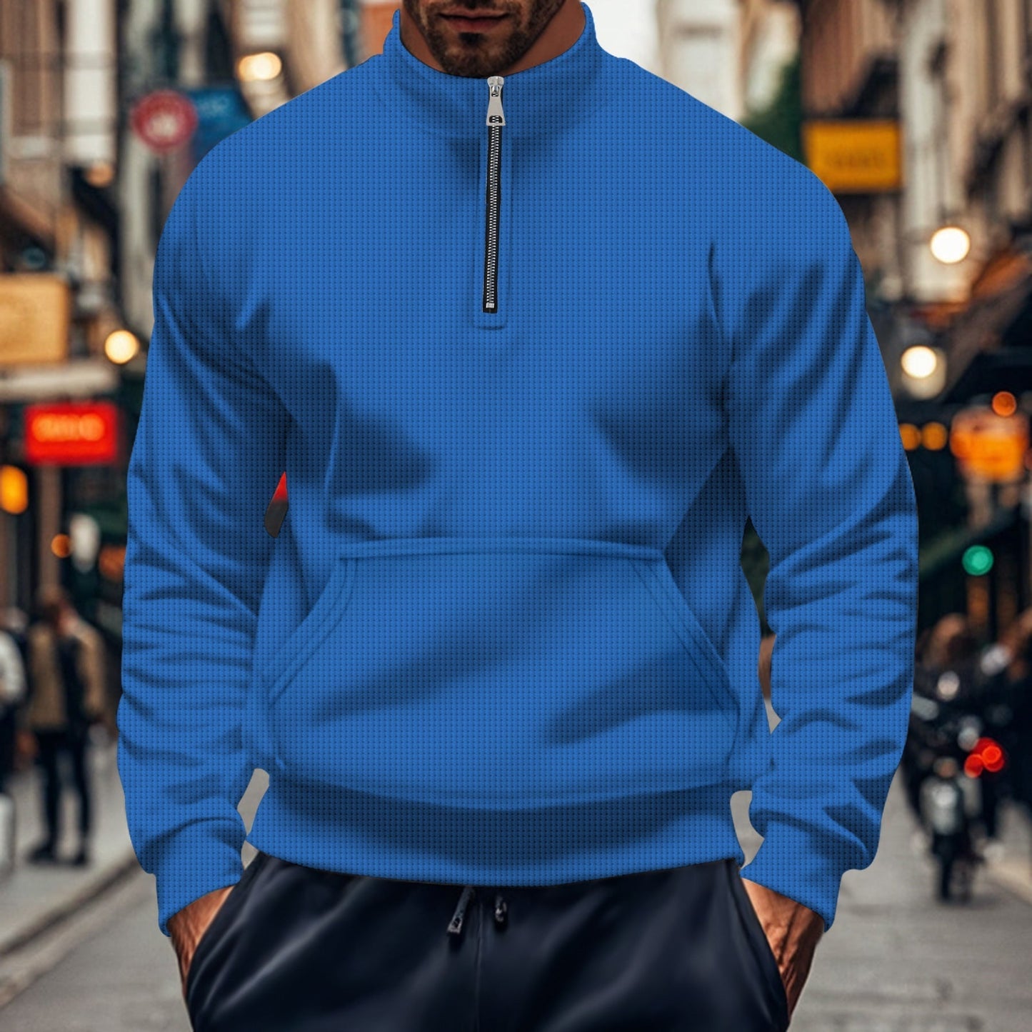 Amawinc Sweatshirt Homme Coupe Décontractée Demi Zip Poche Kangourou Tricot Coton Bord Côtelé Pour Tous Les Jours