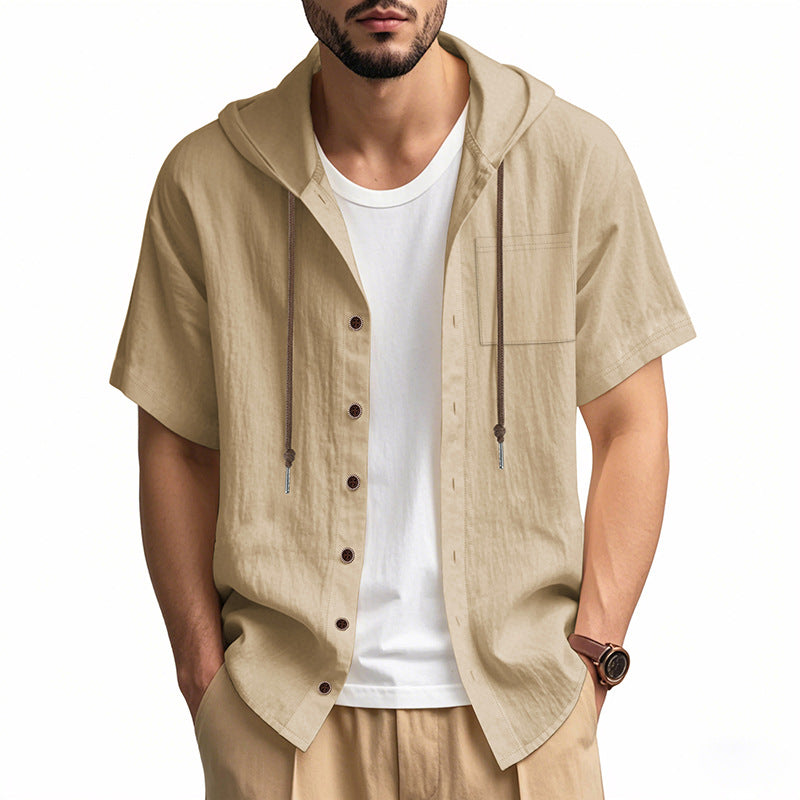 Chemise À Capuche En Lin Mélangé Pour Homme Manches Courtes Coupe Décontractée Fermeture Bouton Idéale Pour L'Été