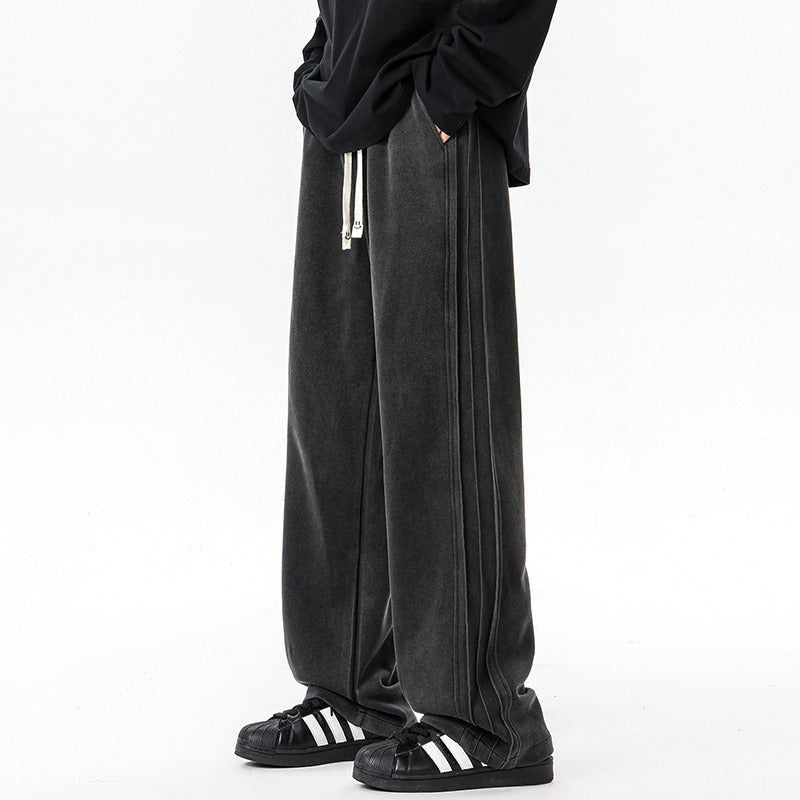 Pantalon Survêtement En Coton Lavé Vintage Finition Gris Cendré Coupe Ample Avec Ceinture Élastique Et Cordons