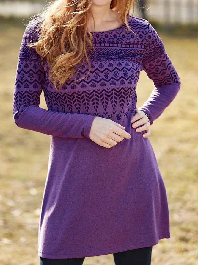 Robe Femme Manches Longues Tissu Brossé Coupe Décontractée Imprimé Ethnique Col Rond