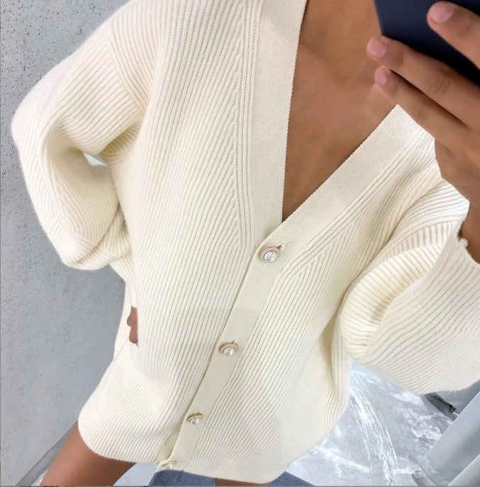 Damen Übergroße Strickjacke mit tiefem V-Ausschnitt und eleganten Knöpfen Amawinc