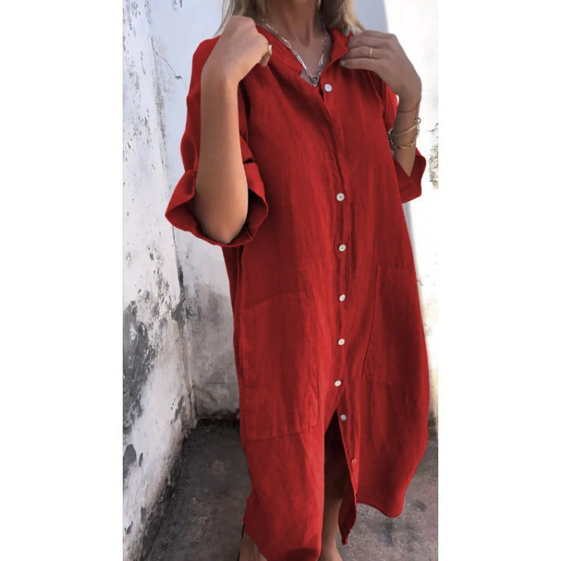 Baumwoll-Leinen Hemdkleid mit Dreiviertelärmeln von Fudus in lässiger Passform