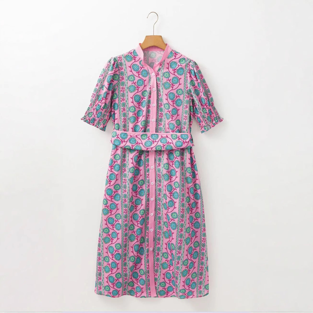 Robe Midi Femme Motif Floral Rose Taille Haute Ceinture Manches Bouffantes Fermeture Bouton