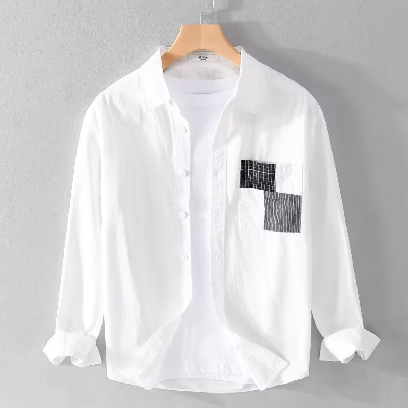 Chemise Homme Manches Longues Amawinc En Coton Mélangé Coupe Décontractée Avec Poche Plaquée Boutonnée