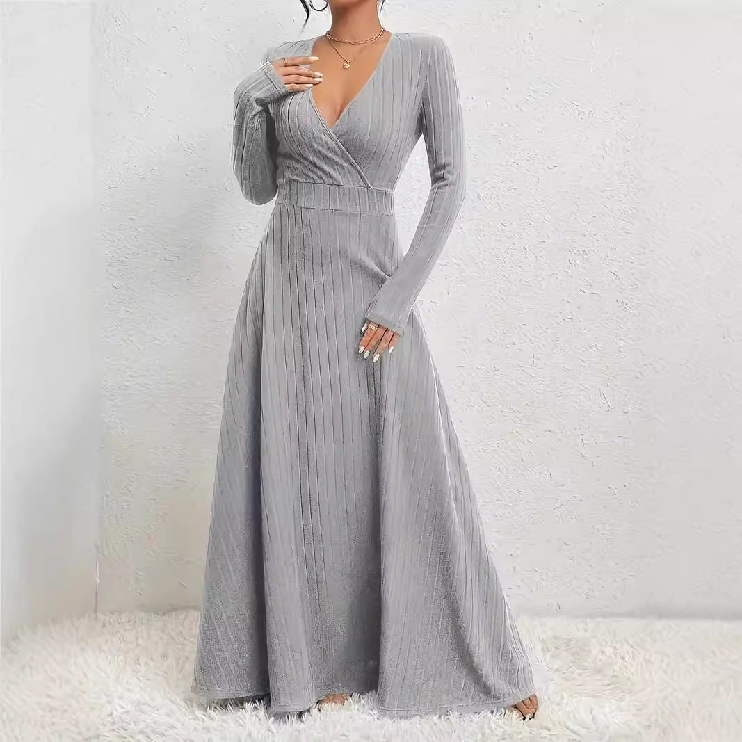 Robe Femme À Manches Longues Coupe Évasée Tissu Maille Doux Maxi Élégante Avec Taille Marquée