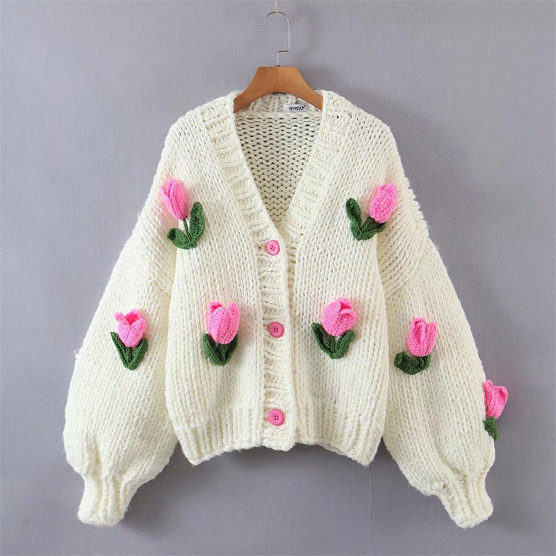 Damen Strickjacke mit floralem Design und oversized Schnitt Amawinc