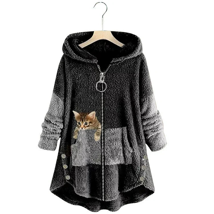Veste Capuche Longue pour Femme Coupe Oversize en Polaire Douce Poche Chat Ourlet Haut Bas