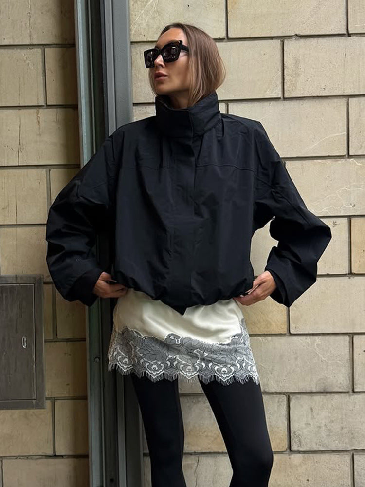 Damen lässige oversized Jacke mit hohem Kragen und verstellbarem Verschluss Amawinc