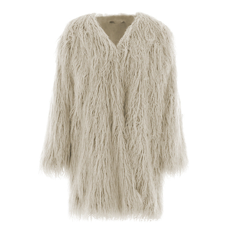 Damen Kuscheliger Langmantel aus flauschigem Kunstpelz Amawinc