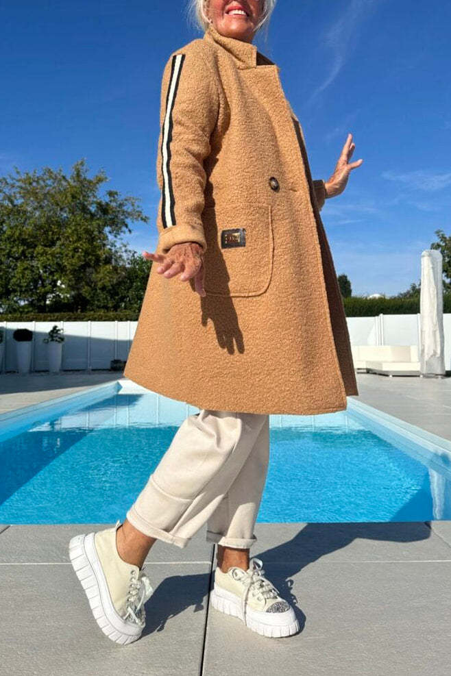 Damen eleganter Teddy-Mantel mit zwei Taschen und sportlichen Streifen Amawinc