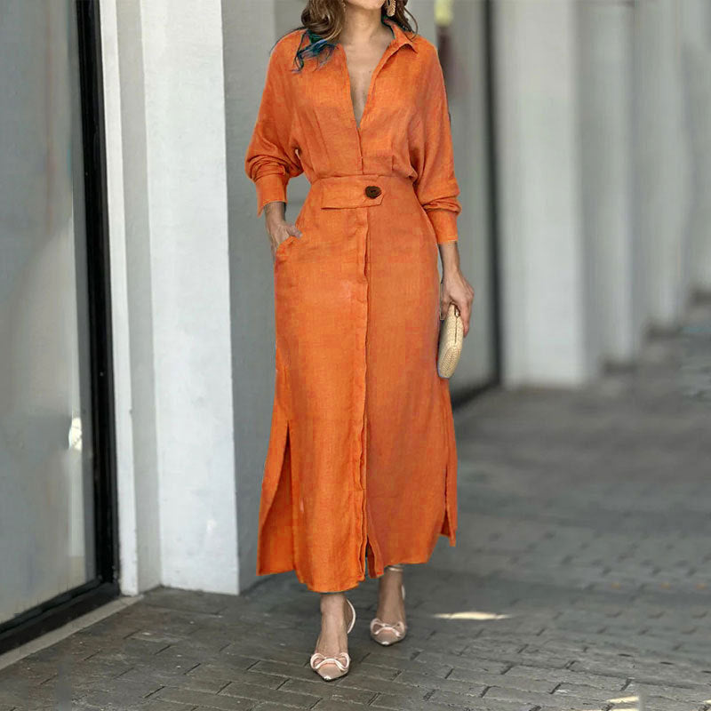 Damen Maxikleid aus leichtem Leinen mit eleganter Knopfleiste und praktischen Seitenschlitzen Amawinc