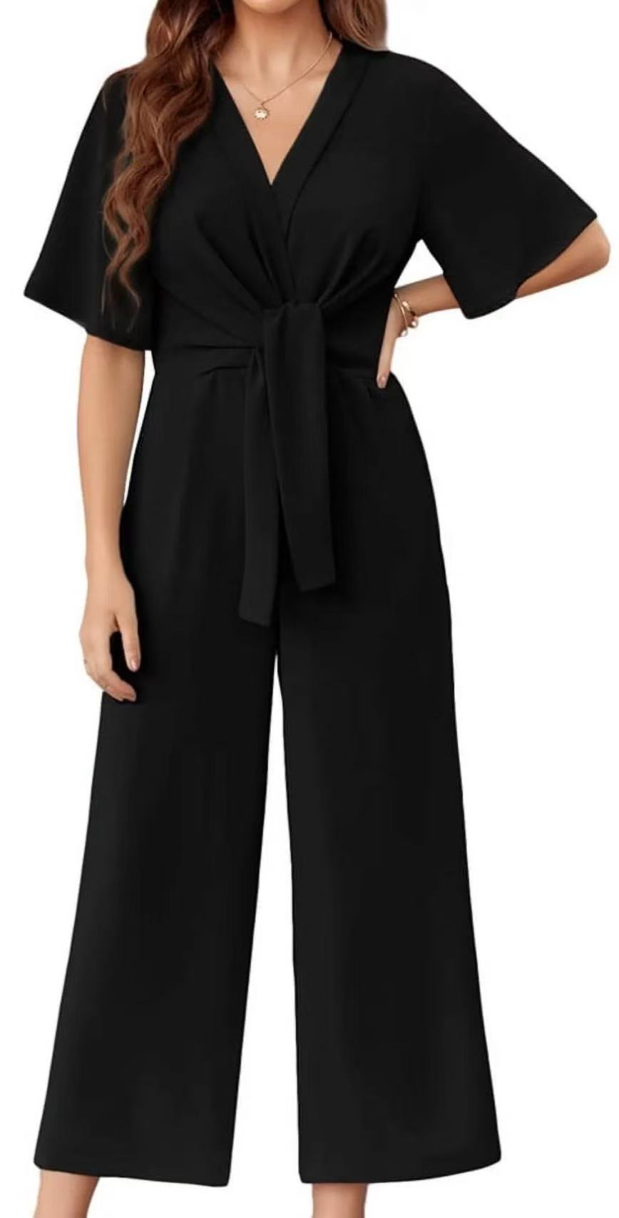 Damen eleganter Wickel-Jumpsuit mit weiten Beinen und Taillengürtel Amawinc
