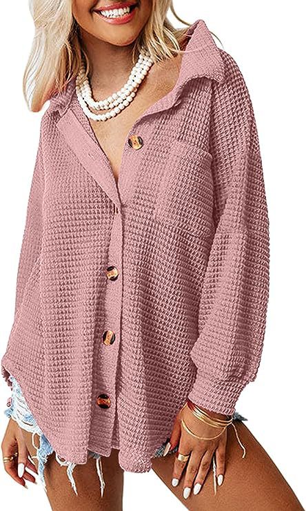Damen lässige Waffle-Hemdenjacke mit Knopfverschluss Amawinc