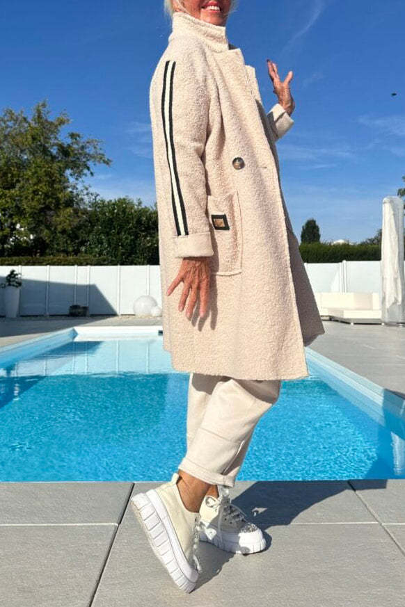 Damen eleganter Teddy-Mantel mit zwei Taschen und sportlichen Streifen Amawinc