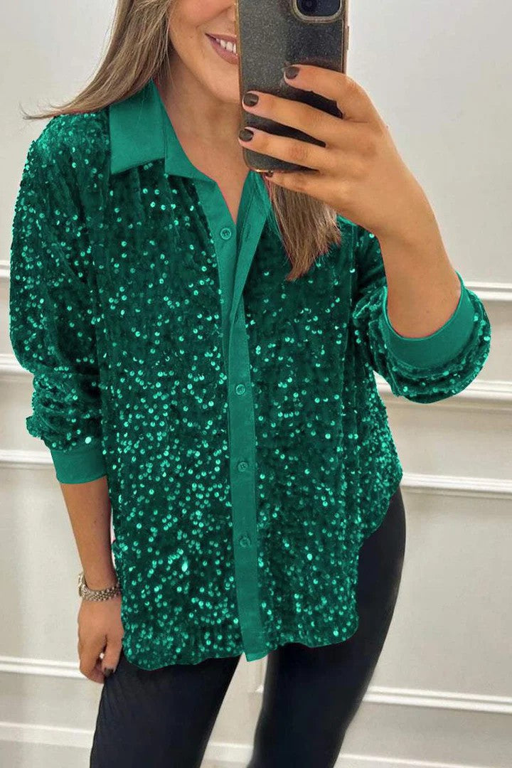 Damen Glitzernde Bluse aus Pailletten mit klassischem Kragen Amawinc