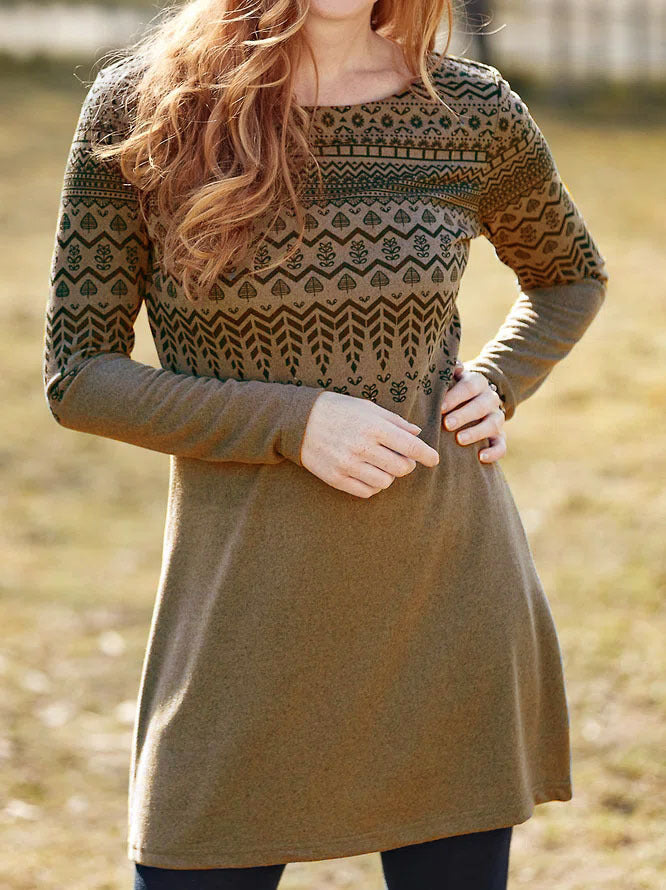 Robe Femme Manches Longues Tissu Brossé Coupe Décontractée Imprimé Ethnique Col Rond