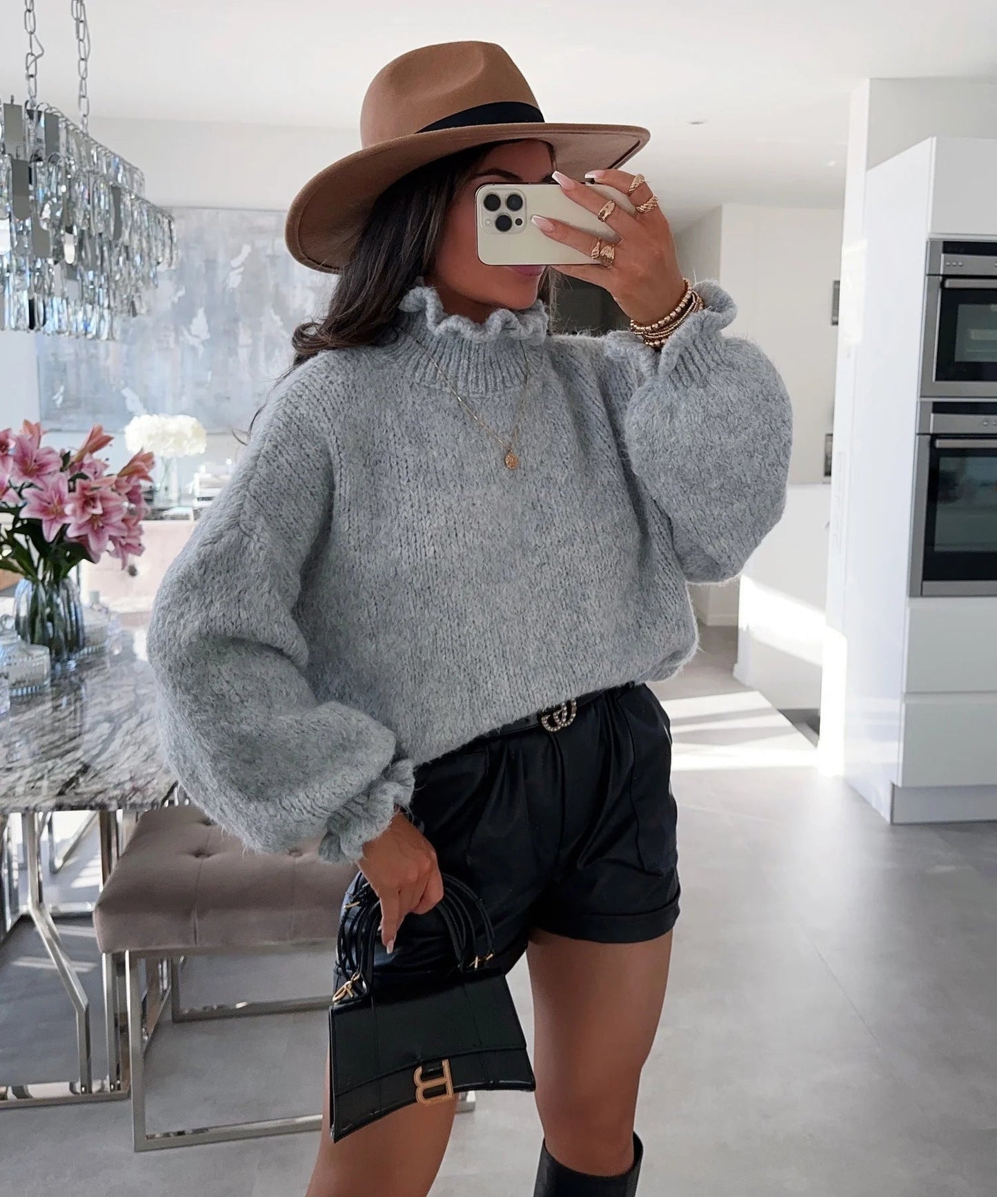 Damen kuscheliger Rollkragenpullover mit weiten Ärmeln und strukturellem Design Amawinc