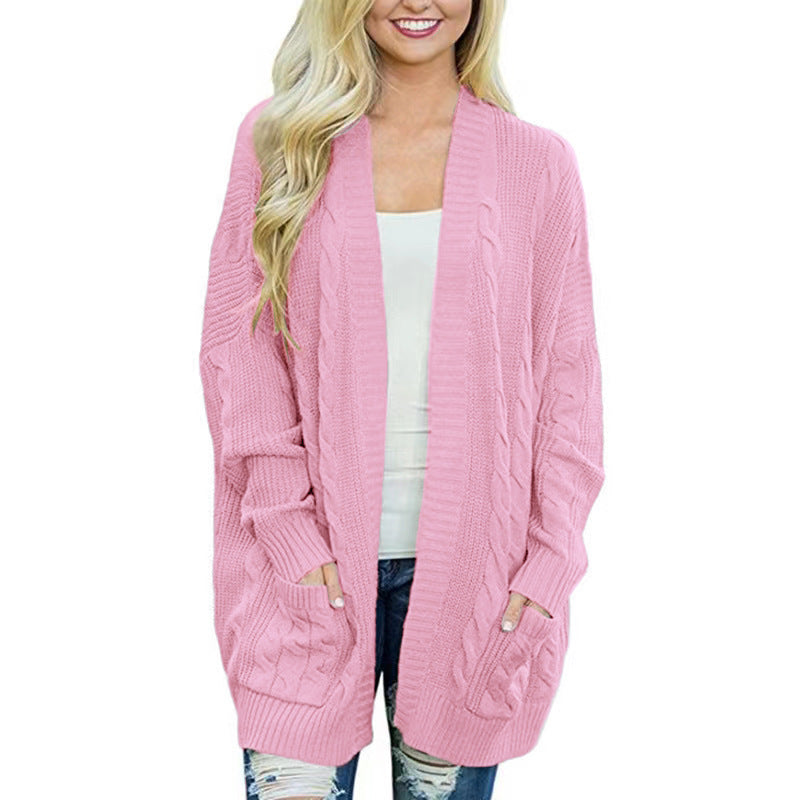 Damen lässige Strickjacke mit Kabelmuster und großzügigen Taschen Amawinc