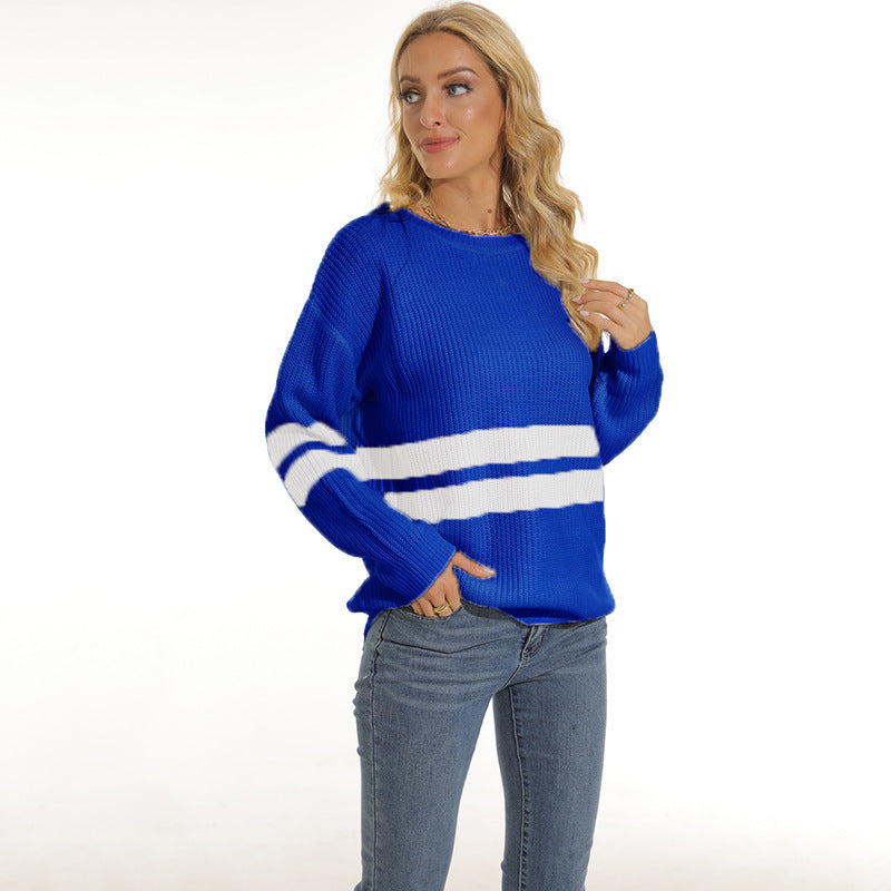 Damen Grobstrickpullover mit sportlichem Streifenmuster und lockerer Passform Amawinc