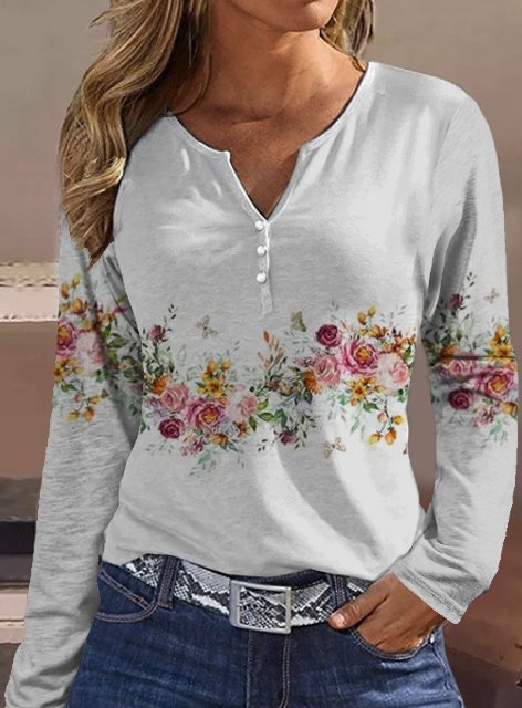 Damen Langarmshirt mit floralem Motiv und Knopfdetails Amawinc
