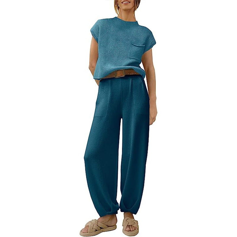 Ensemble En Maille Pour Femme Haut Court Avec Poche Poitrine Pantalon Large Taille Haute Confort Doux