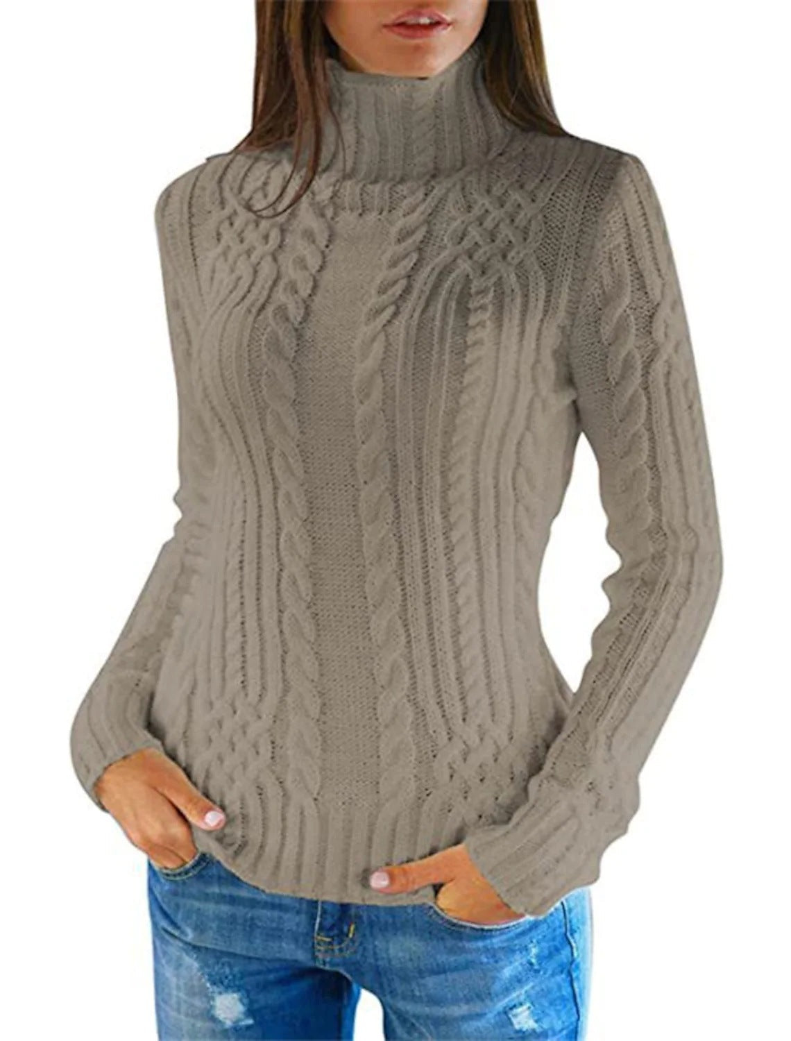 Damen Rolkragenpullover mit Zopfmuster und bequemer Passform Amawinc