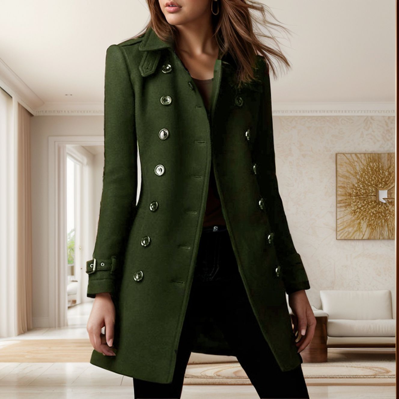 Damen eleganter Trenchcoat mit doppelter Knopfreihe und gewichtetem Kragen Amawinc