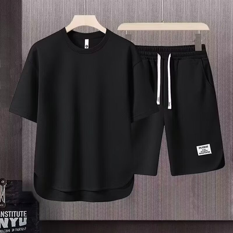Ensemble Lounge Décontracté Pour Homme En Coton Avec T Shirt Manches Courtes Et Short Longueur Genou Pour L'Été