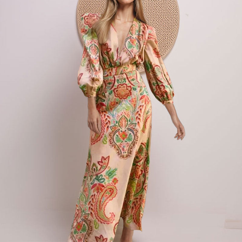 Robe Femme Coupe A Décolleté En V Manches Longues Motif Paisley Élégante Pour Cocktail Et Événements