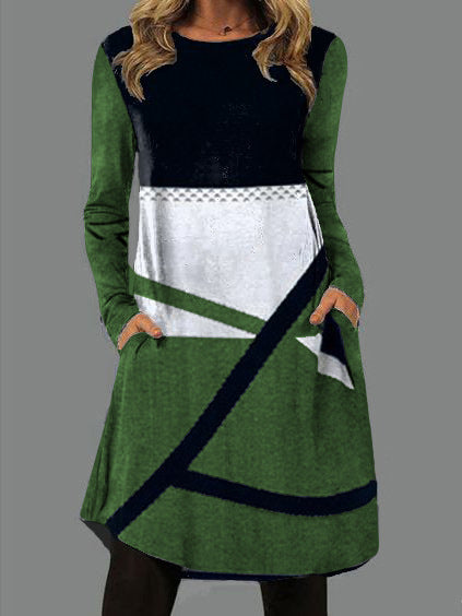 Fudus modisches Rundhals-Langarm-Kleid mit Tasche und Print