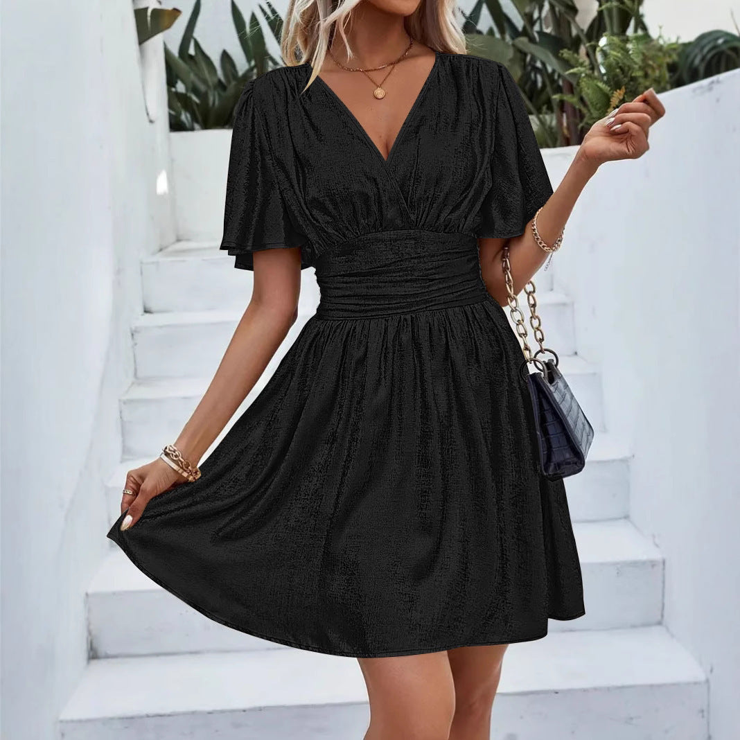 Robe Portefeuille Femme Scintillante Avec Encolure V Et Manches Volantes Midi A Ligne